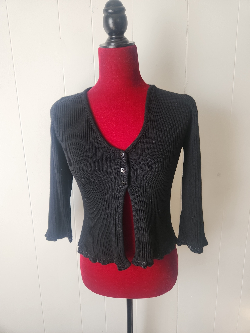 It's Our Time Black Ribbed V-Neck 3 Button-Front Cardigan VTG 90s Minimalist Y2k